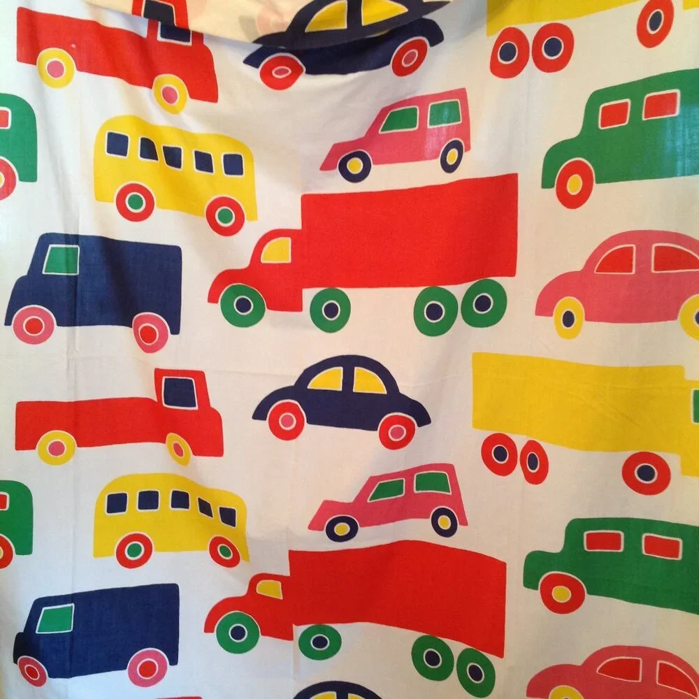 Vintage 70's Marimekko Dan River Bo Boo Cars Trucks Fabric Shower Curtain